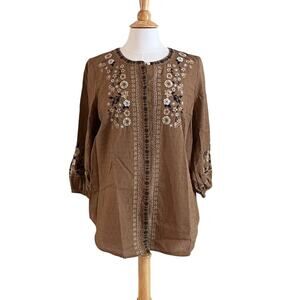 J. Jill Cotton Brown Embroidered Floral Swiss Dot Button Down Peasant Blouse S